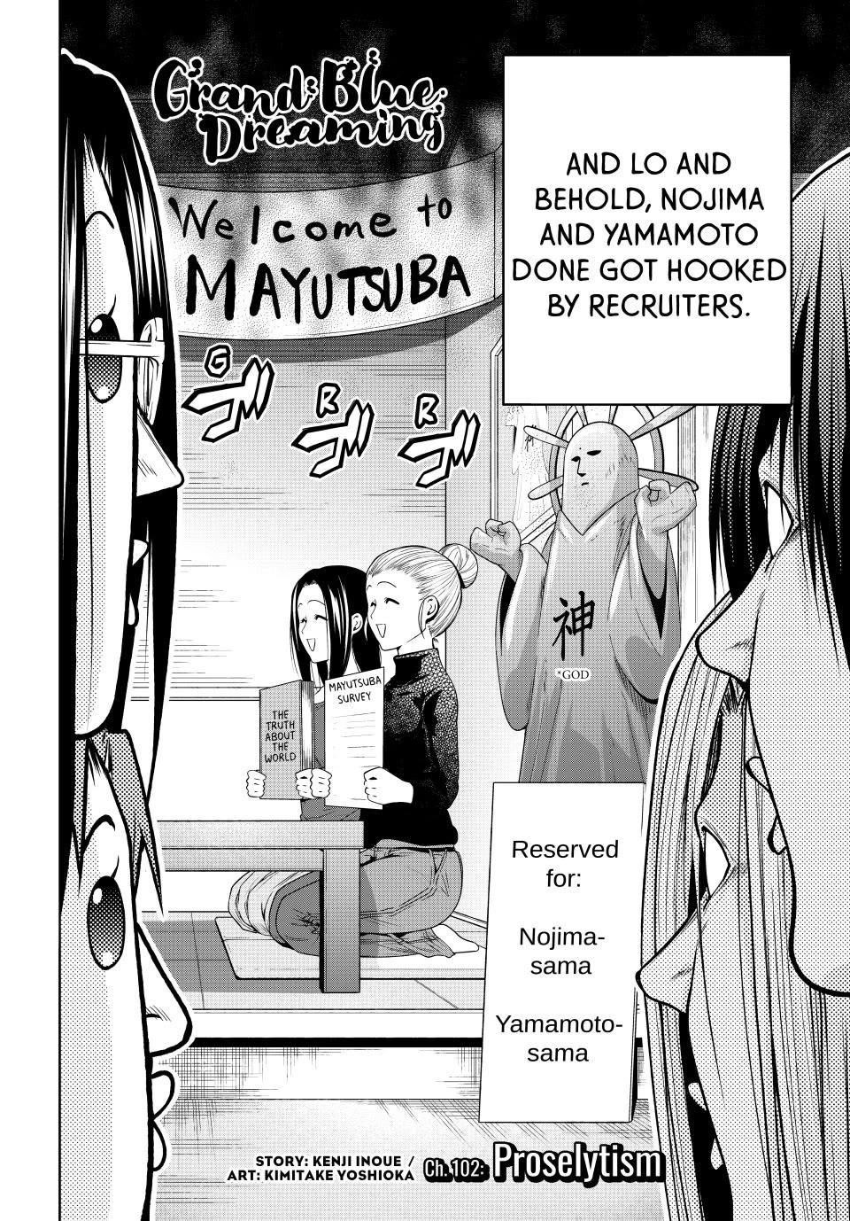 Grand Blue Manga Chapter 102 page 2 - Proselytism scene